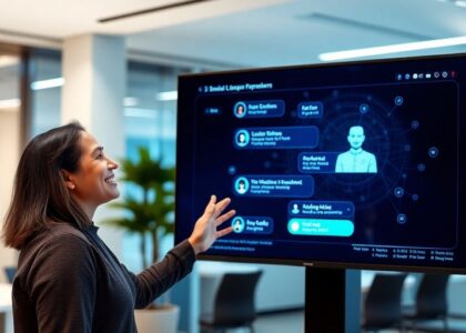 Chatbots empresariales interactuando con usuarios en pantallas modernas.