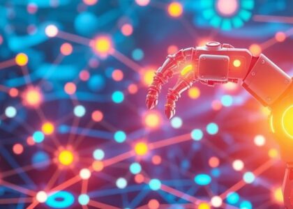 Robots y engranajes digitales interactuando con un mundo conectado.