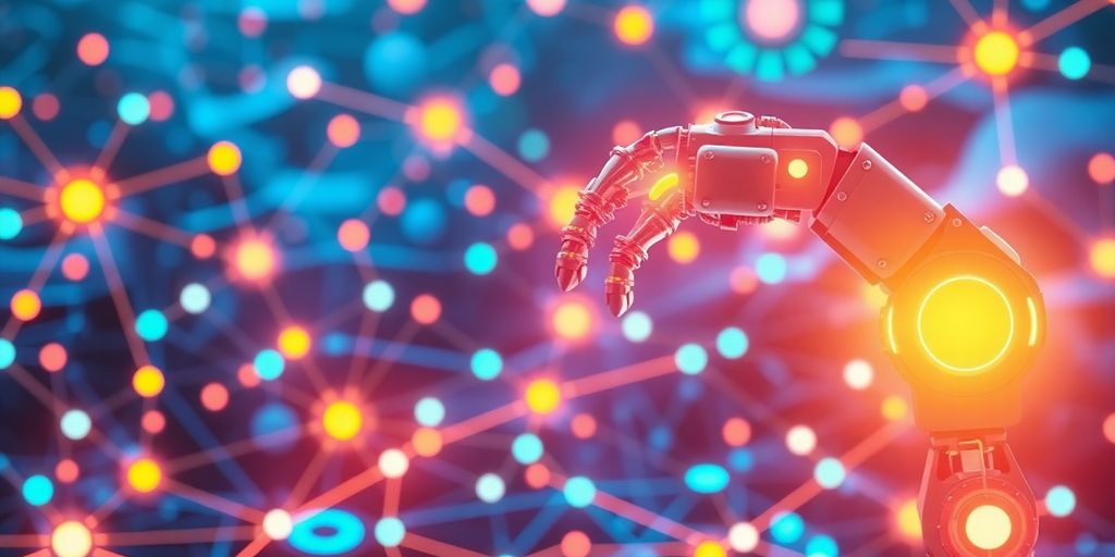 Robots y engranajes digitales interactuando con un mundo conectado.