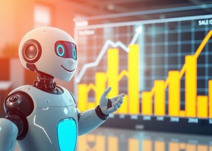 Automatización de ventas con IA con un robot sonriente.