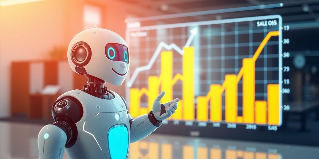 Automatización de ventas con IA con un robot sonriente.