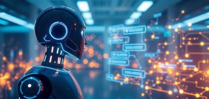 Chatbot eficiente con interfaz futurista.